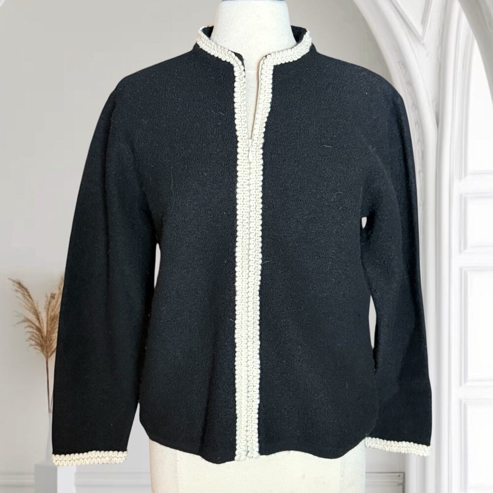 Talbots Sweater Cardigan Sz M 100% Wool Vintage Full Zip Black with Ivory‎ Trim
